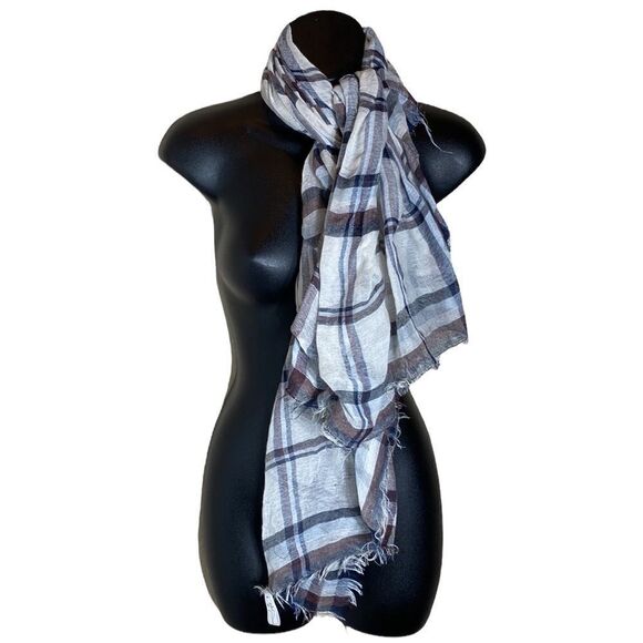 BP Large plaid lightweight open knit scarf frayed ends white/blue/deep purple - Picture 1 of 4